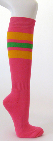 Bright pink cotton knee socks yellow bright green striped - Click Image to Close