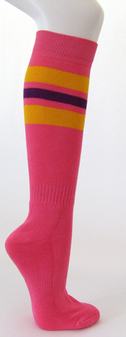 Bright pink cotton knee socks yellow purple striped - Click Image to Close