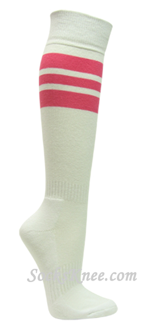 White cotton knee socks with bright pink stripes for sports