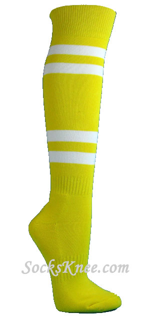 Bright Yellow striped knee socks with 4 White stripes for sports - Click Image to Close