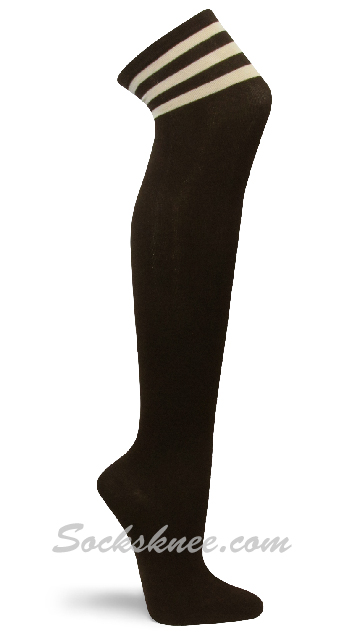 Brown with Beige Triple Stripes Women Stocking Over Knee Socks - Click Image to Close