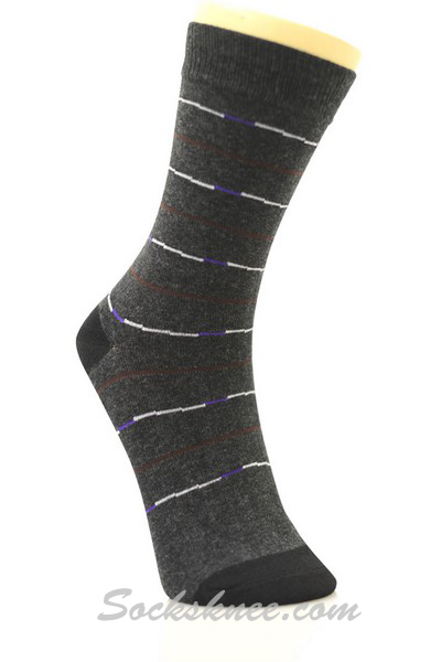 Brown White Purple Lines in Charcoal Mens Dress Socks