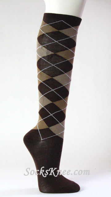 Brown and Beige Argyle High Knee Socks for Women