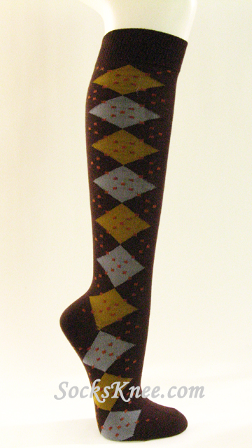 Brown Dark Gold Gray Women's Argyle Knee Socks - Click Image to Close