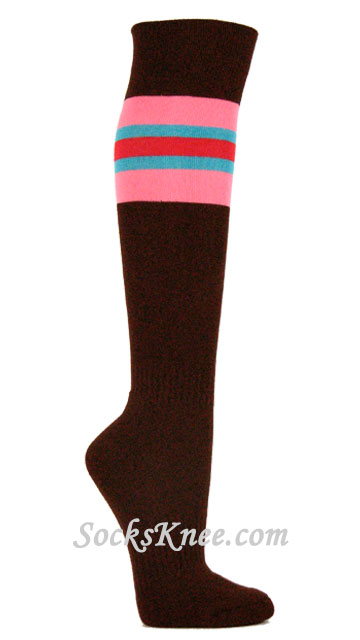Brown Socks With Pink Sky Blue/Turquoise Gold Yellow Stripes - Click Image to Close