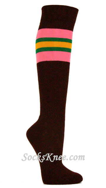 Brown Socks With Pink Green Gold Yellow Stripes for Sports - Click Image to Close