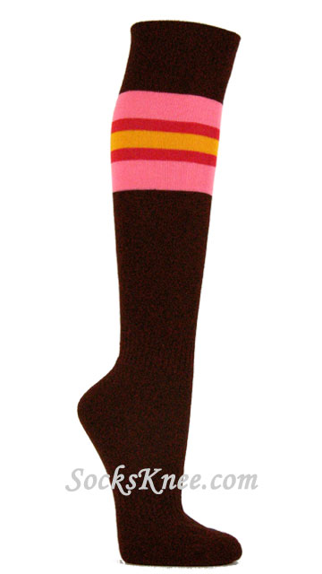 Brown Socks With Pink Red Golden Yellow Stripes for Sports - Click Image to Close