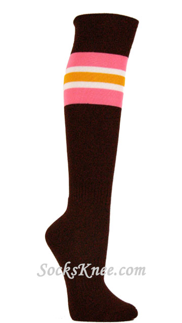 Brown Socks With Pink White Gold Yellow Stripes for Sports - Click Image to Close