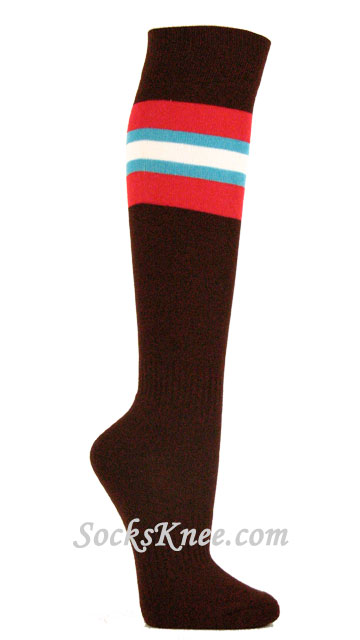 Brown Socks with Red Sky Blue/Turquoise White Stripes for Sports - Click Image to Close