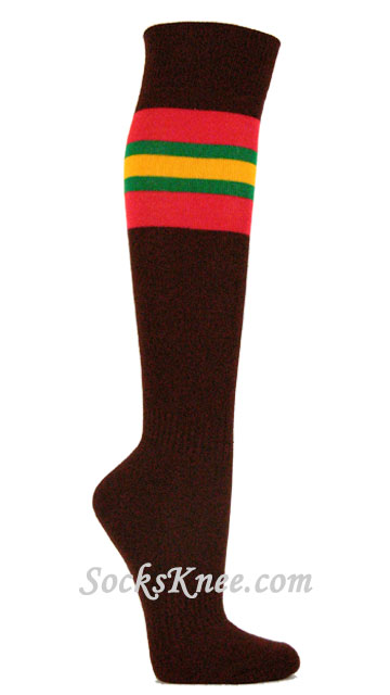 Brown Socks with Red Green Gold Yellow Stripes for Sports - Click Image to Close