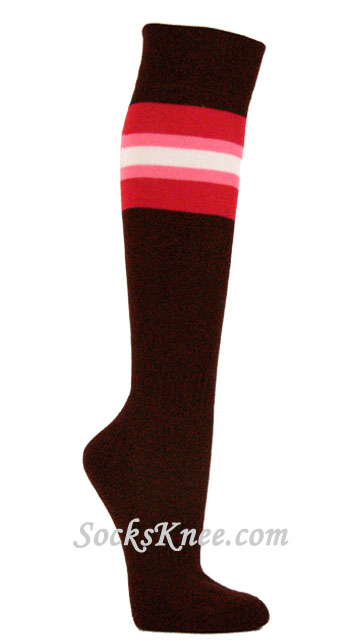 Brown Socks with Red Pink White Stripes for Sports - Click Image to Close