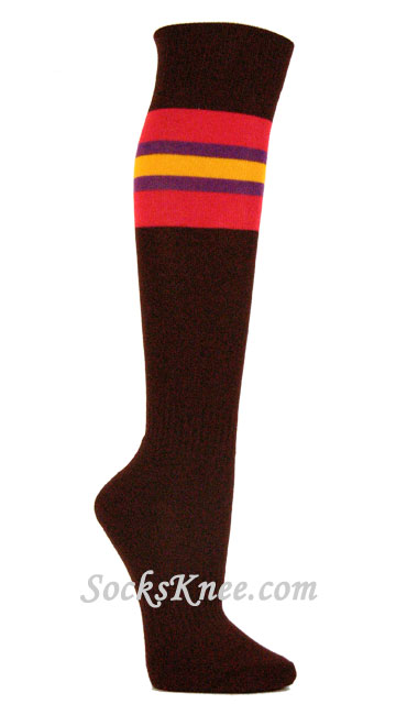 Brown Socks with Red Purple Golden Yellow Stripes for Sports - Click Image to Close
