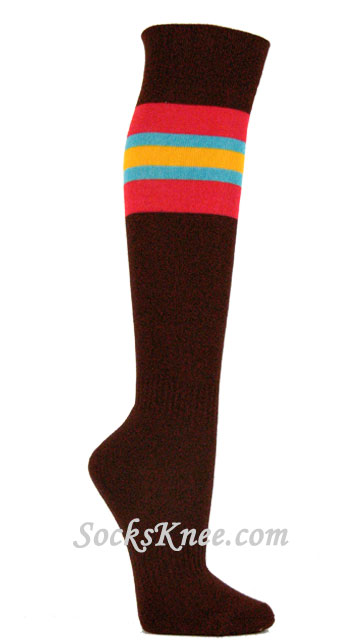 Brown Socks with Red Sky Blue/Turquoise Green Stripes for Sports