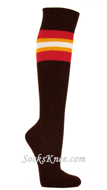 Brown Socks with Red Gold Yellow White Stripes for Sports - Click Image to Close