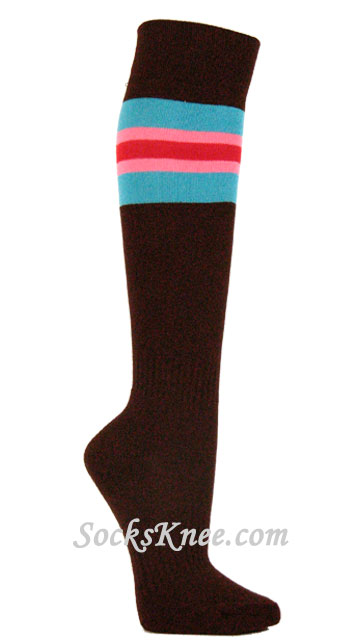 Brown Socks with Sky Blue/Turquoise Pink Red Stripes for Sports