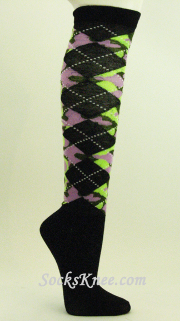 Camo Neon Green Lavender Black Argyle knee sock for Women