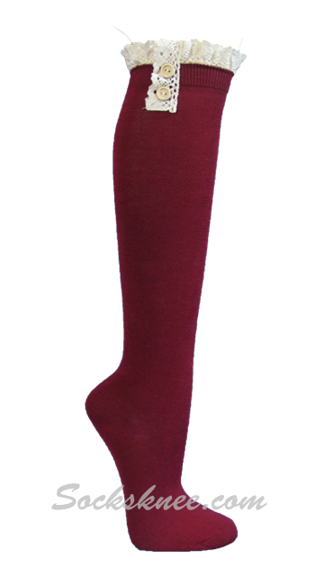 Cardinal Vintage style knee high sock with crochet lace