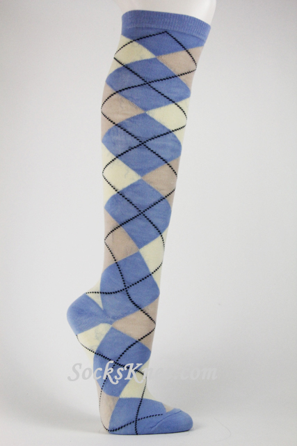 Carolina Blue Cream Khaki Argyle Knee Sock - Click Image to Close