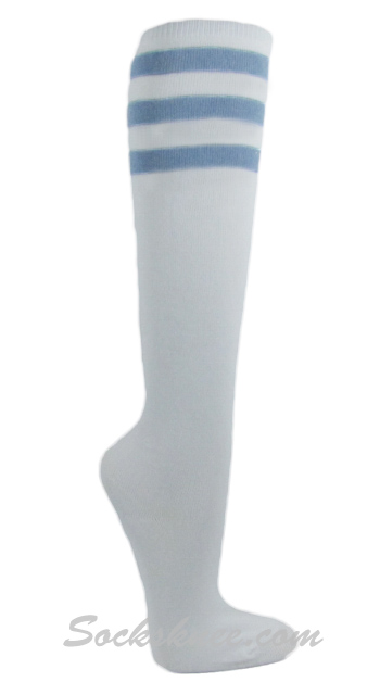 White with Carolina Blue Striped Women's Knee High socks - Click Image to Close