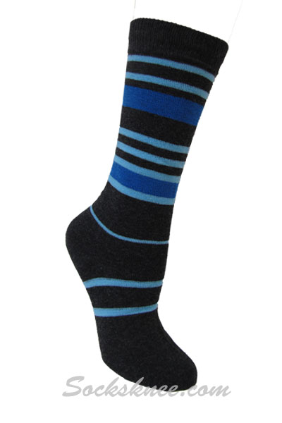 Mens Charcoal Designed Dress socks with Blue /Sky-blue Stripes