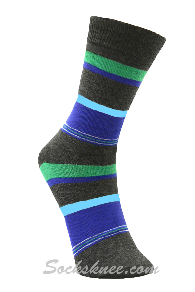Charcoal Blue Green Stripes Mens Cotton Dress Socks - Click Image to Close