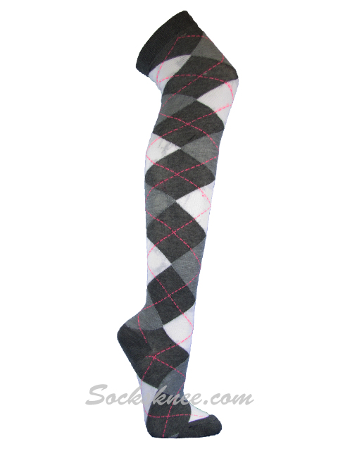 Charcoal Gray White Over Knee Argyle Socks - Click Image to Close