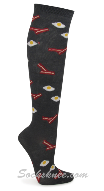 Ladies Charcoal with Eggs Sausage Patterned Stylish Knee High Socks