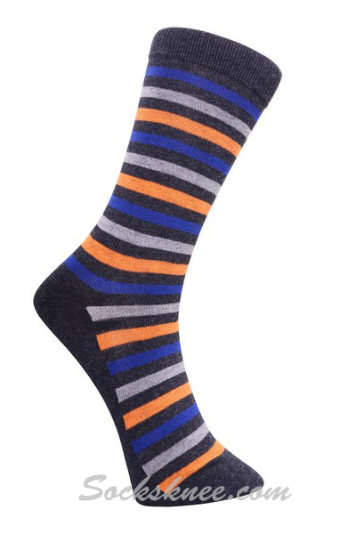 Charcoal Men's Blue Gray Orange Stripes Dress Socks - Click Image to Close