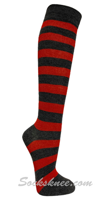 Charcoal / Red Women Wider Striped Knee Socks
