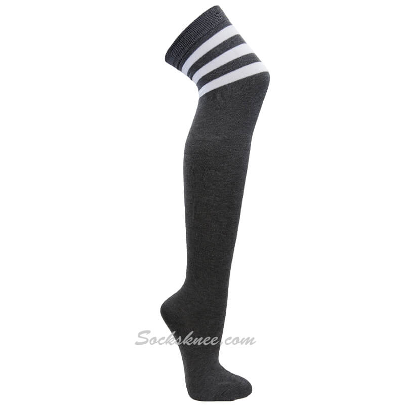 Charcoal with White Triple Stripes Women Cosplay Over Knee Socks