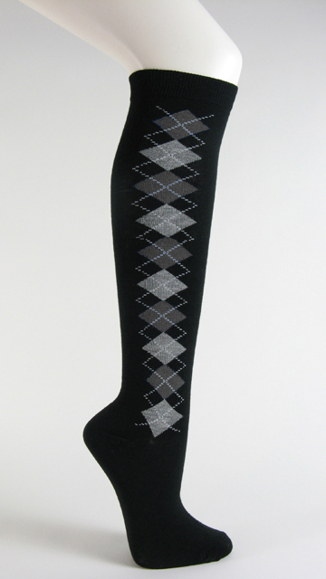 Black with charcoal and gray argyle socks knee high