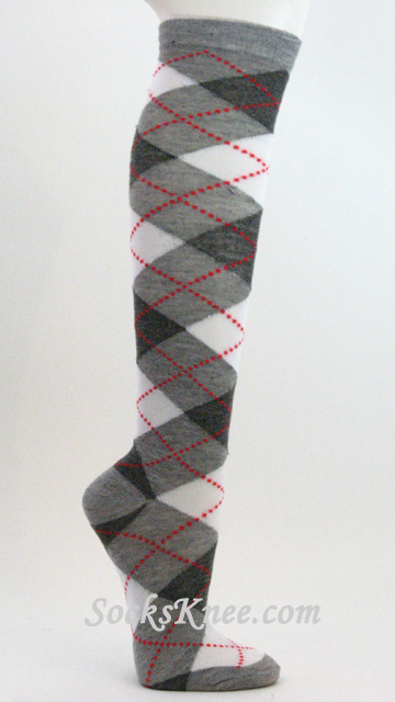Charcoal Dark Gray, Light Grey White Argyle knee sock for Women