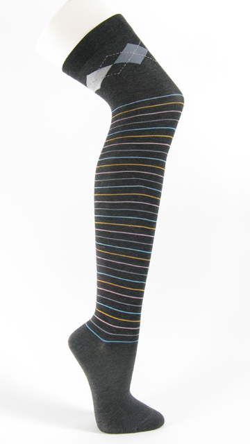 Charcoal dark gray over knee socks argyle and striped