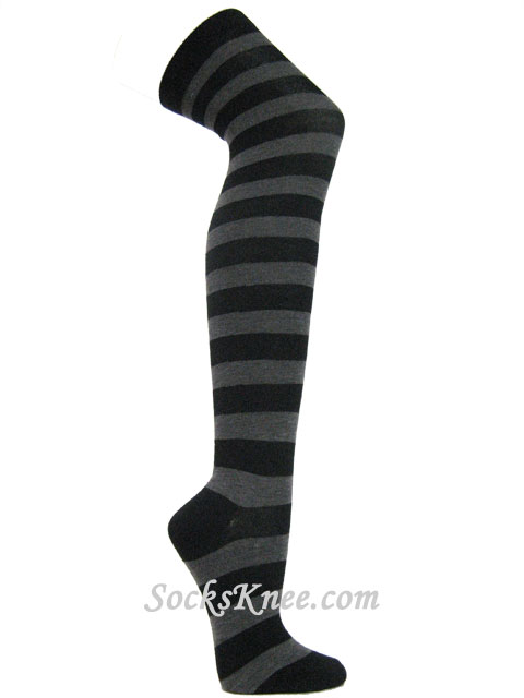 Black and charcoal gray over knee wider striped socks - Click Image to Close