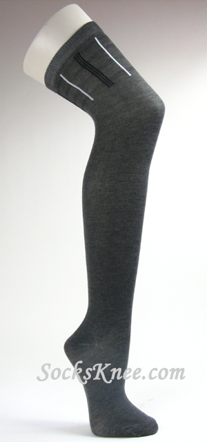 Plaid Striped on Thigh Dark Gray Over Knee Sock for Women - Click Image to Close