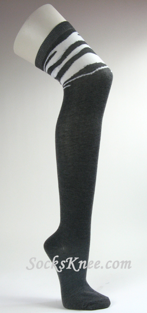 Zebra Striped on Thigh Charcoal Gray Over Knee Socks for Women - Click Image to Close