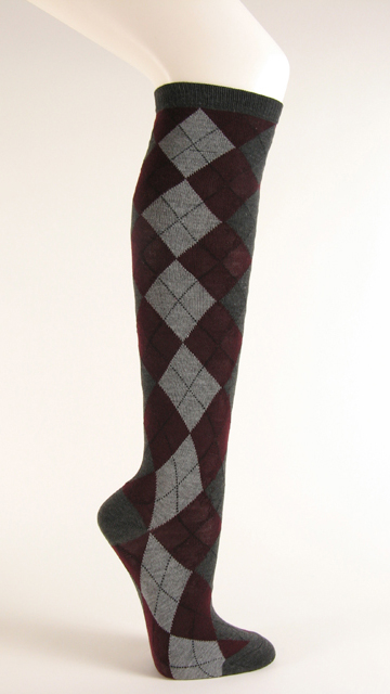 Charcoal with maroon argyle socks knee high