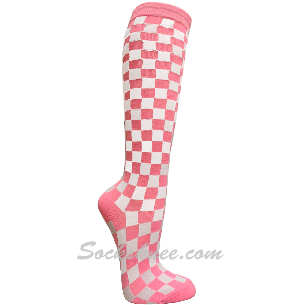 Checkered Pink / White Plaid Women Knee High Socks