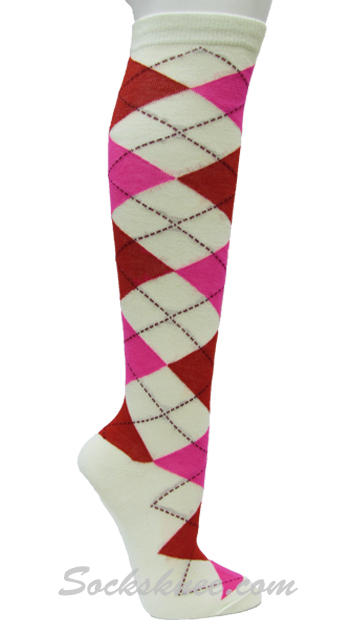 Cream Red Hot Pink Women Argyle Knee Sock - Click Image to Close