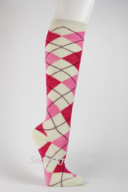Cream Hotpink Pink Argyle Knee Sock - Click Image to Close
