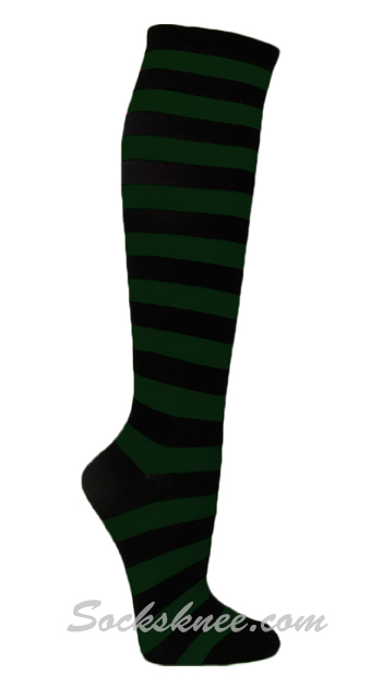 Black / Dark Green Thin Striped Premium Quality Knee High Socks - Click Image to Close