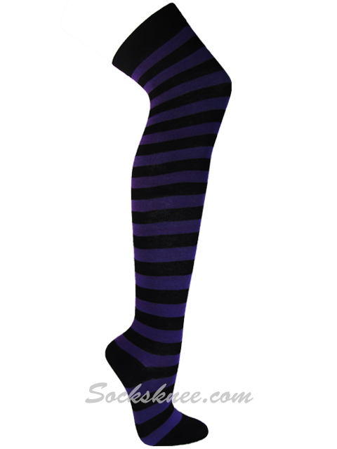 Black and Dark Purple Over Knee Thigh High wider striped socks - Click Image to Close