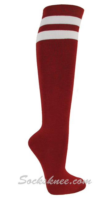 Dark Red and 2 White Stripes Knee High Socks for Women & Junior