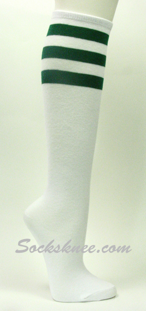 White with Dark Green Striped Women's Fashion Knee High socks - Click Image to Close