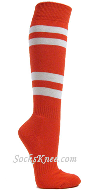 Dark orange striped knee socks w 4white stripes for sports
