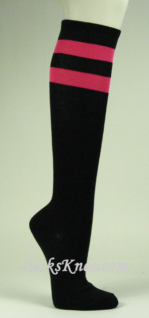 Dark Pink Striped Black Knee High Socks for Women