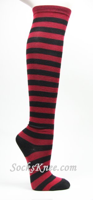 Dark Red Black Stripes Women's Fashion High Socks