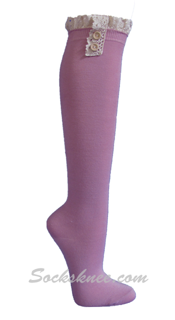 Dusty Rose Vintage style knee high sock with crochet lace