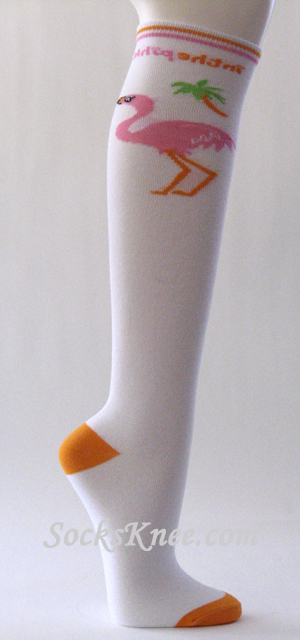 Flamingo Logo Symbol Knee Socks with Orange Toe Heel for Women - Click Image to Close