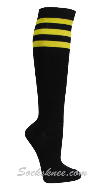 Black Ladies 3 Glitter Bright Yellow Stripes Knee High Socks